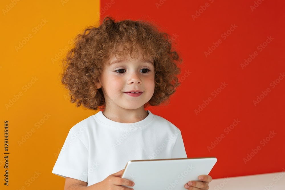 Smiling child holds tablet against vibrant orange and yellow bac Smiling child holds tablet against vibrant orange and yellow bac