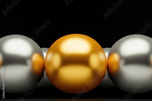 Shiny spheres arranged in row, with striking golden sphere at ce