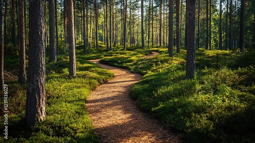 A winding path through a sunny forest with tall green trees