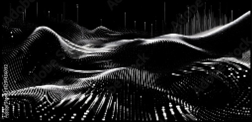 Vector illustration depicts a futuristic digital landscape, featuring glowing, pixelated waveforms on a dark background. It conveys a high-tech, abstract atmosphere with a sense of movement and depth.