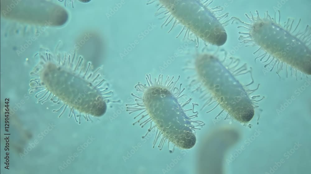 Close-up View of Bacteria with Detailed Hair-like Structures Showing Microscopic Details of Microorganisms in Blue Environment. Concept of virus, microbiology, microscopic organisms bacterial movement Close-up View of Bacteria with Detailed Hair-like Structures Showing Microscopic Details of Microorganisms in Blue Environment. Concept of virus, microbiology, microscopic organisms bacterial movement