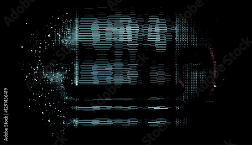 Vector illustration of a mysterious digital face merging with glitch effects and binary elements. The dark, abstract style conveys themes of technology and artificial intelligence.