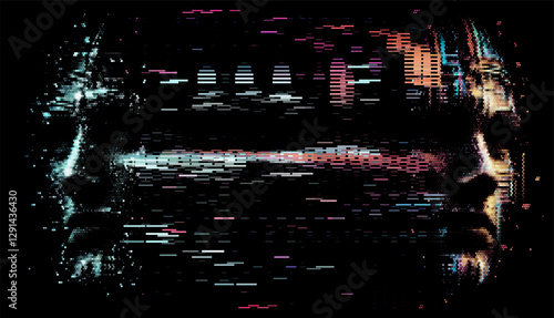 Vector illustration of a mysterious digital face merging with glitch effects and binary elements. The dark, abstract style conveys themes of technology and artificial intelligence.