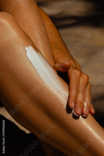 Close-up of hand applying sunscreen on skin outdoors on sunny day. Skin care, sun protection