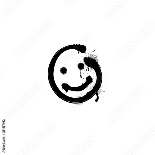 Black spray paint smiley emoticon, vector graffiti spraying lines cute smiling face with ink splatters and dripping