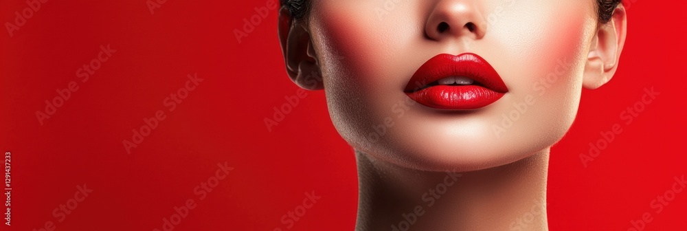 Obraz premium 3d background minimalistic mockup with space for text, close-up shot of a woman with bold red lipstick and flawless skin, beauty concept