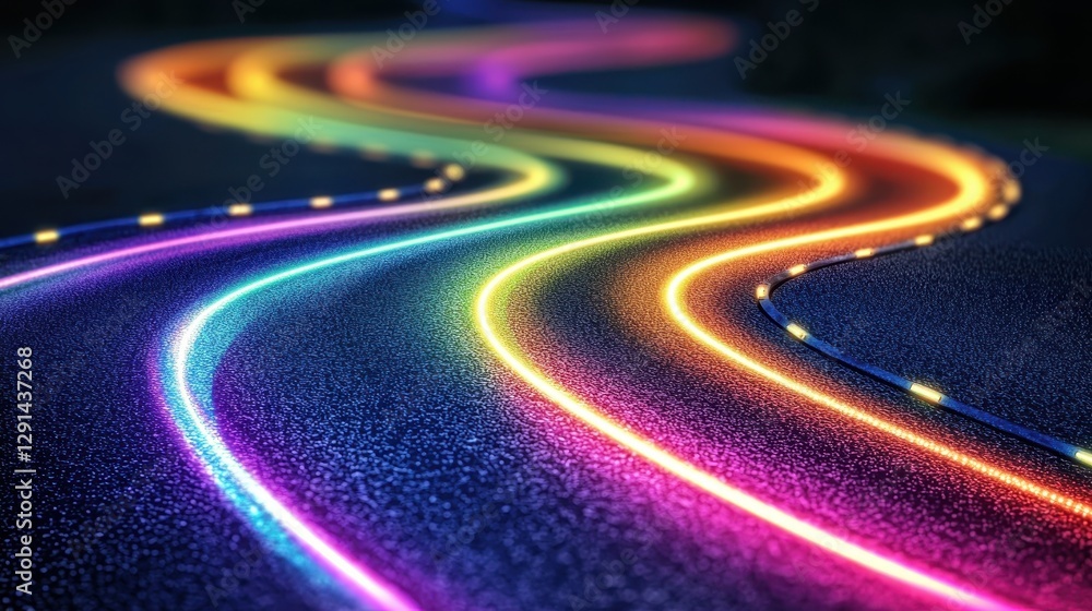 Vibrant Rainbow Neon Lights Trail on Dark Asphalt Road Abstract Background Vibrant Rainbow Neon Lights Trail on Dark Asphalt Road Abstract Background