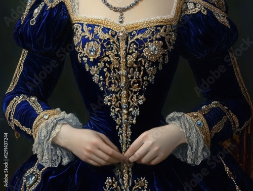 Portrait of a noble figure in a sapphire velvet gown adorned with intricate embroidery and jewels