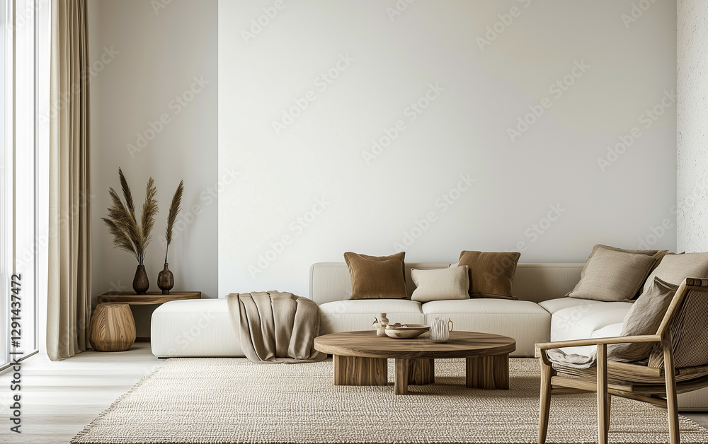 Fototapeta premium Empty living room interior with sofa and white armchair