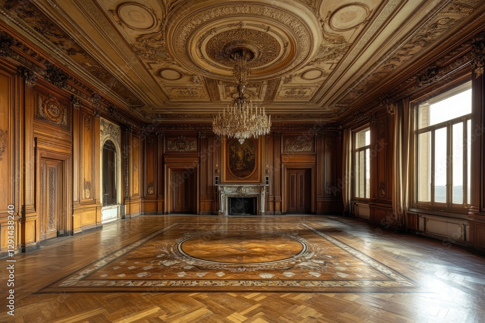 Fototapeta premium Grand Antique Room with Intricate Wood Paneling, Ornate Ceiling, and Crystal Chandelier