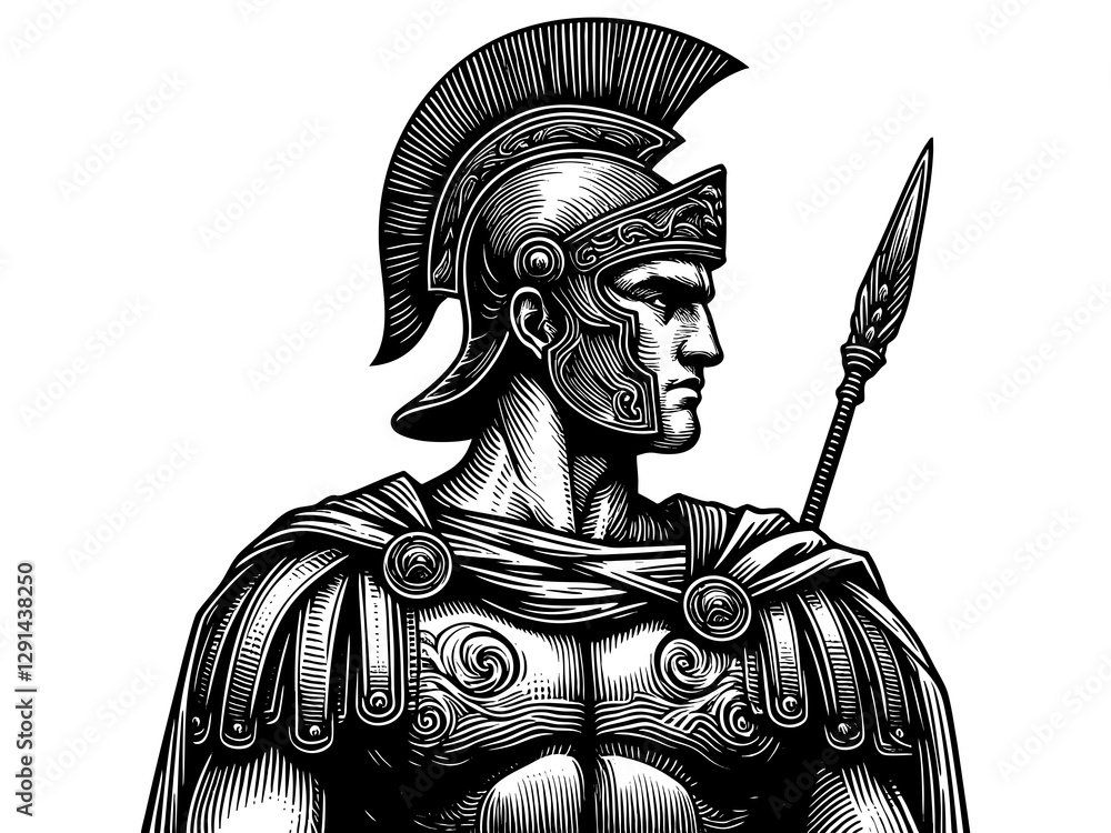 Fototapeta premium ancient Roman warrior in armor, holding a spear and decorated shield, symbolizing strength and valor engraving generative ai sketch PNG illustration