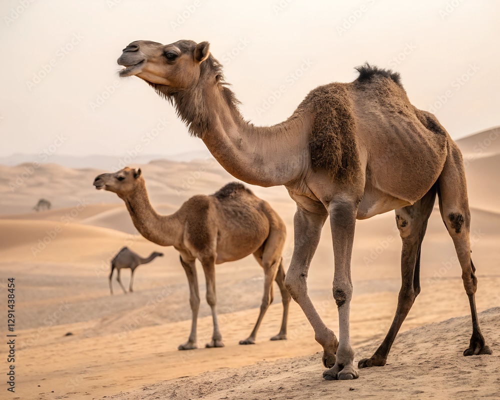 Camels walking in the sandy desert under the hot sun Camels walking in the sandy desert under the hot sun