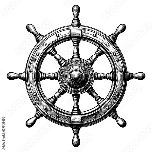 classic wooden ship wheel, symbolizing navigation, sailing, and maritime tradition engraving generative ai sketch PNG illustration