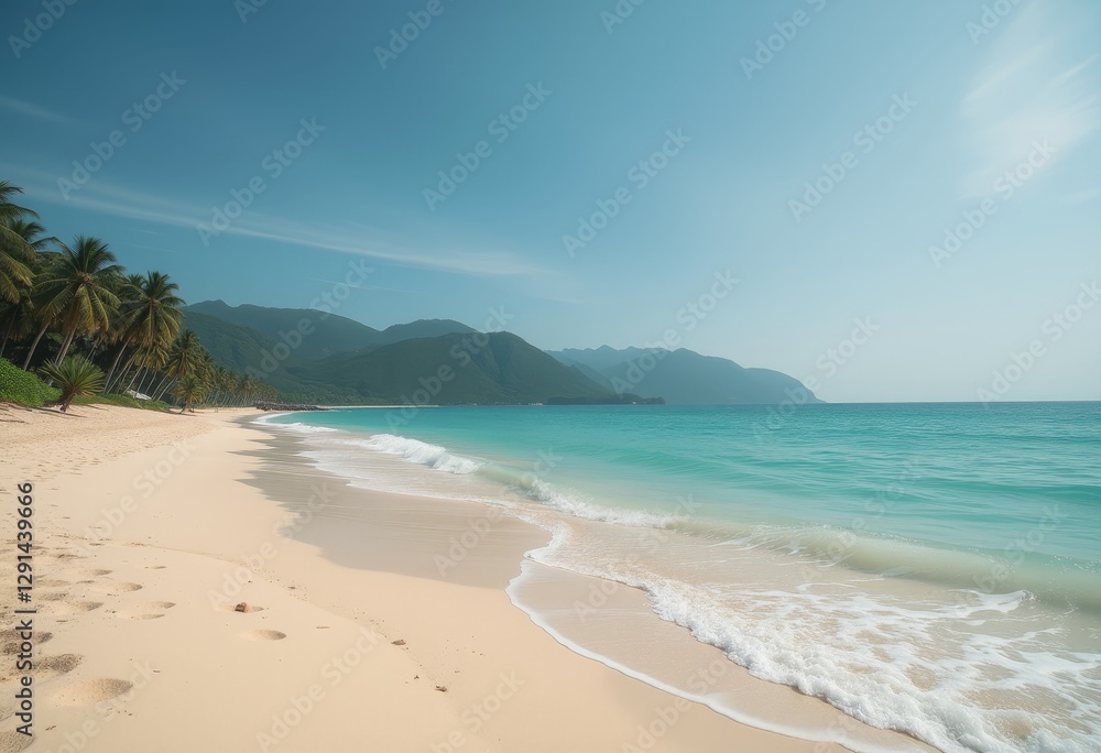 Palm Trees Lining Sandy Beach With Turquoise Ocean Waves Palm Trees Lining Sandy Beach With Turquoise Ocean Waves
