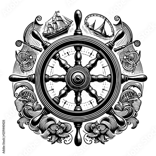 classic wooden ship wheel, symbolizing navigation, sailing, and maritime tradition engraving generative ai sketch PNG illustration