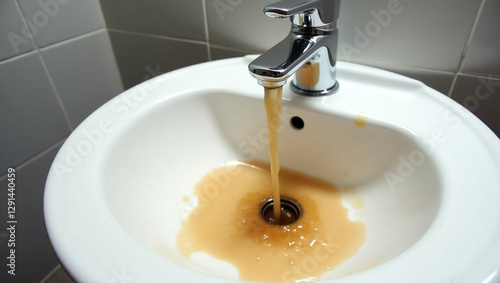 Dirty water flowing from the tap into the sink, close-up