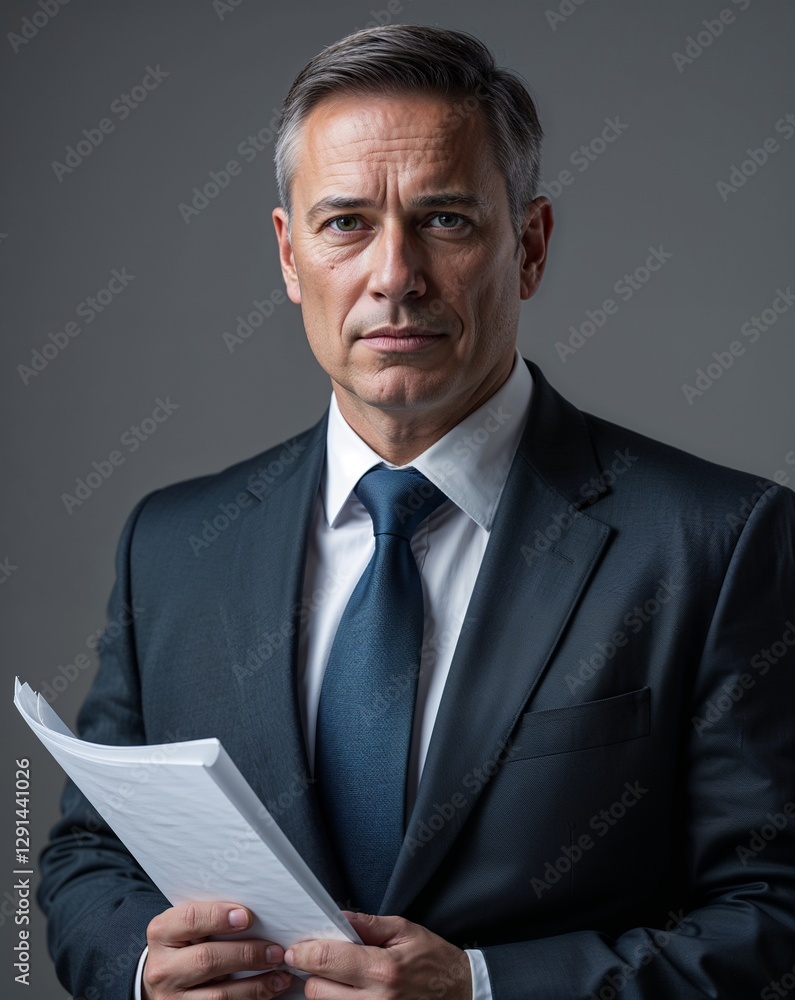 A middle aged male lawyer in formal clothes with law books close up portrait on plain background A middle aged male lawyer in formal clothes with law books close up portrait on plain background