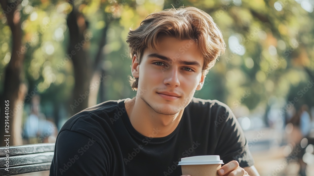 Young man sitting on a park bench with a takeaway coffee cup, smiling in a relaxed pose. Outdoor lifestyle and leisure concept. Young man sitting on a park bench with a takeaway coffee cup, smiling in a relaxed pose. Outdoor lifestyle and leisure concept.