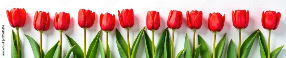 Row of bright red tulips in a single file on white surface, blooming, white background, colorful Row of bright red tulips in a single file on white surface, blooming, white background, colorful