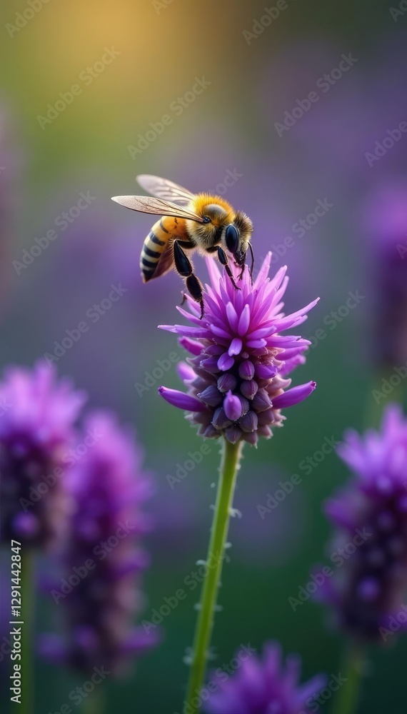 Royal insect hovering above purple wildflowers, pollination, bees, purple Royal insect hovering above purple wildflowers, pollination, bees, purple