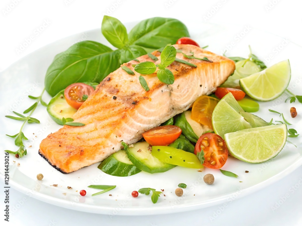 Delicious grilled salmon fillet served with fresh vegetables. Delicious grilled salmon fillet served with fresh vegetables.