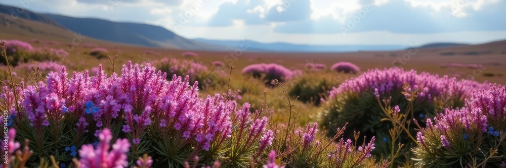 Fototapeta premium Soft pink, blue-purple heather blooms in a rugged peat bog landscape, flowers, peat, uk
