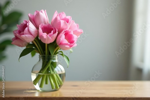 Wallpaper Mural Soft pink petals unfolding in a glass vase on a wooden table, wooden tables, white Torontodigital.ca