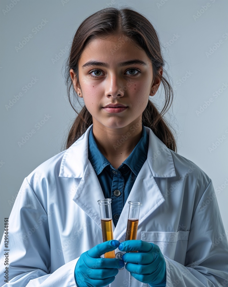 A teenage female scientist in a lab coat with test tubes close up portrait on plain background A teenage female scientist in a lab coat with test tubes close up portrait on plain background