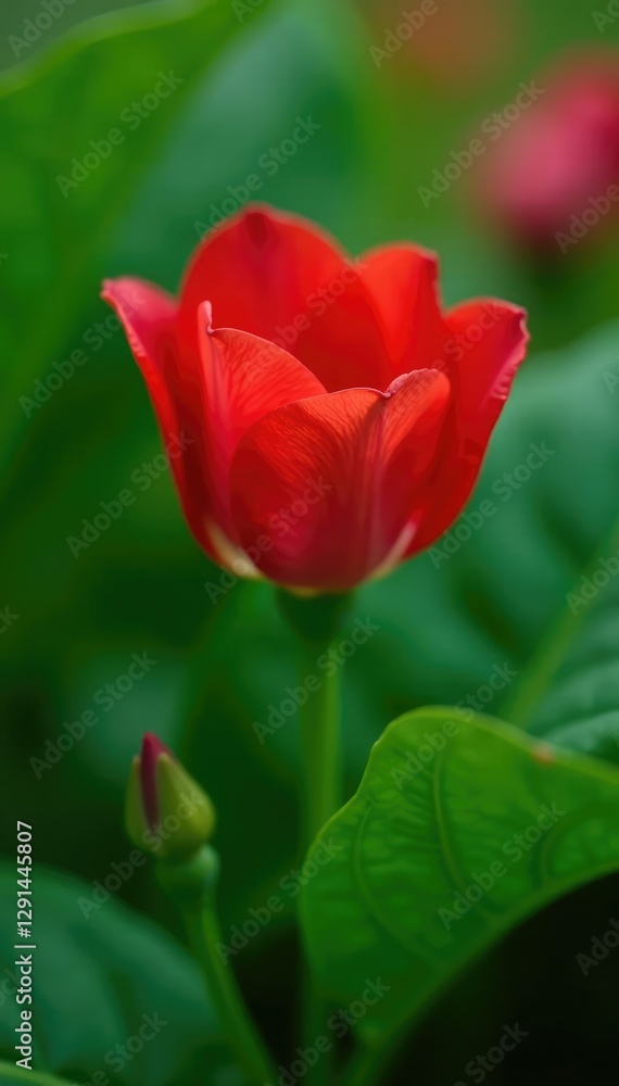 Fototapeta premium A delicate red bloom nestled within a large green leaf, garden elements, flowers