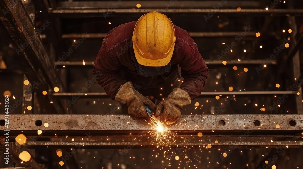 Welding sparks fly industrial worker at construction site action photography urban environment aerial view craftsmanship Welding sparks fly industrial worker at construction site action photography urban environment aerial view craftsmanship