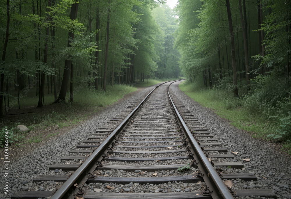 Obraz premium Railway Tracks Through a Forest in a Sunny Day