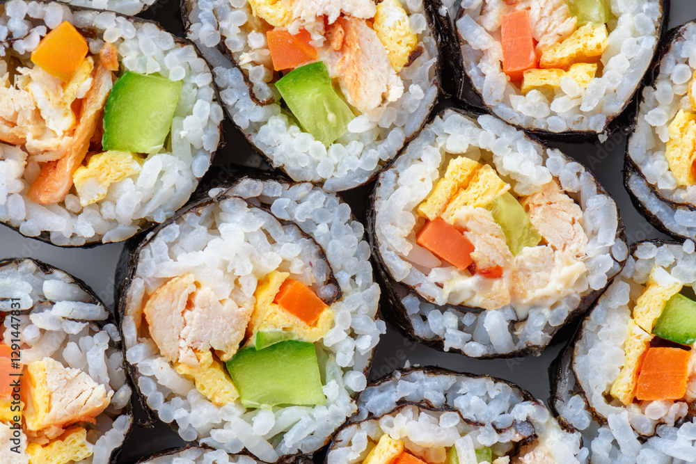 Closeup view of gimbap (kimbap). Traditional Korean dish Closeup view of gimbap (kimbap). Traditional Korean dish
