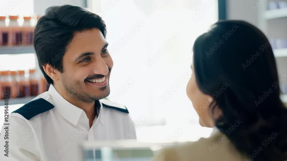 Friendly Male Pharmacist Assisting Female Customer in Pharmacy. Concept of Healthcare Service, Medical Consultation, Customer Support, Professional Advice, Patient Care Friendly Male Pharmacist Assisting Female Customer in Pharmacy. Concept of Healthcare Service, Medical Consultation, Customer Support, Professional Advice, Patient Care