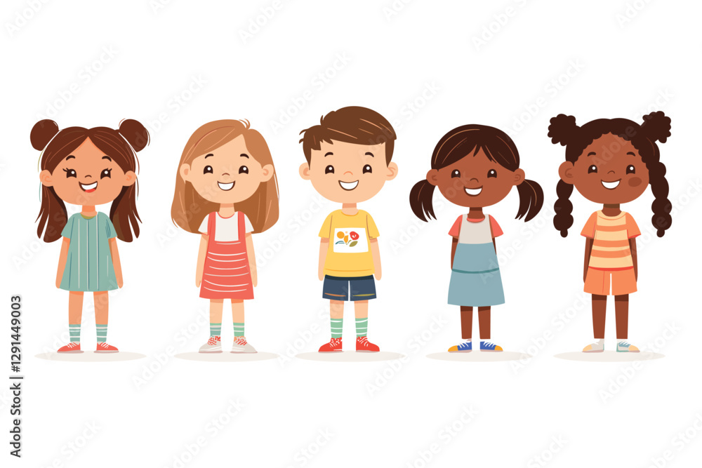 Set of Happy multiethnic preschool girls and boy standing in different expression, Cute Children Characters Set of Happy multiethnic preschool girls and boy standing in different expression, Cute Children Characters