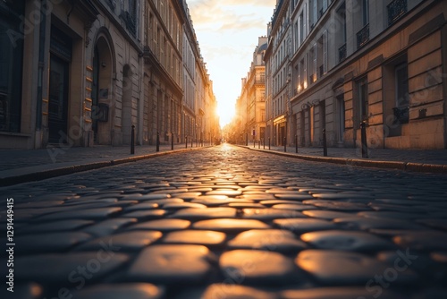 Fototapeta Naklejka Na Ścianę i Meble -  Serene sunrise over paris  empty cobblestone streets and historic architecture in tranquil beauty