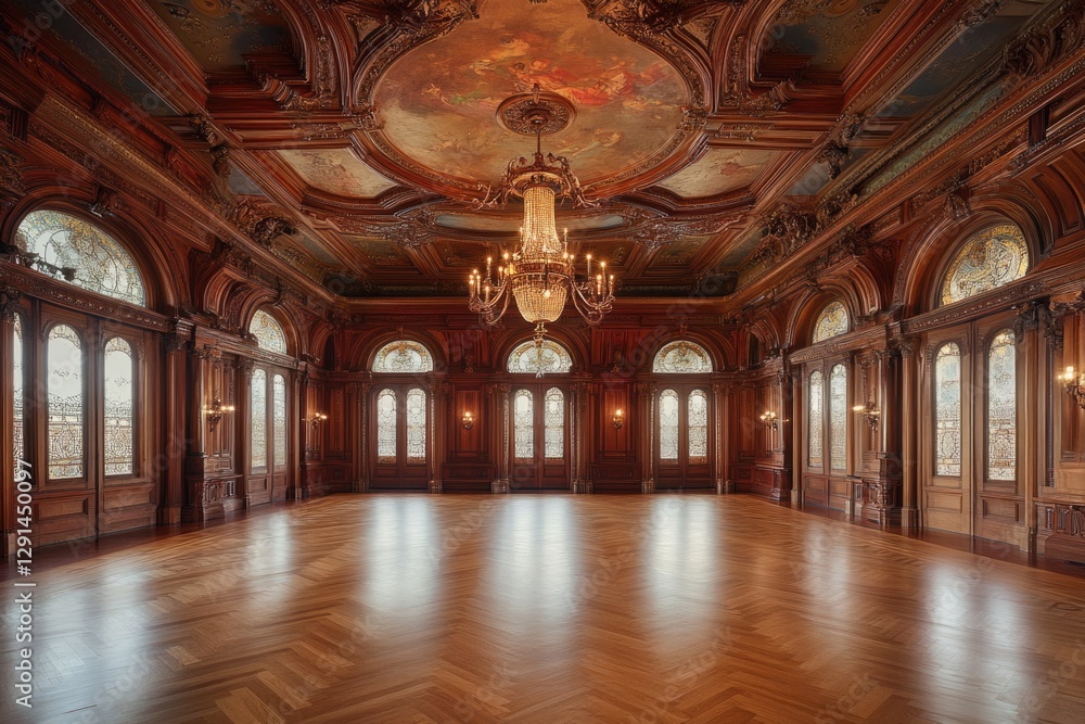 Grand Ballroom: Intricate Woodwork, Stained Glass, and Crystal Chandelier Grand Ballroom: Intricate Woodwork, Stained Glass, and Crystal Chandelier