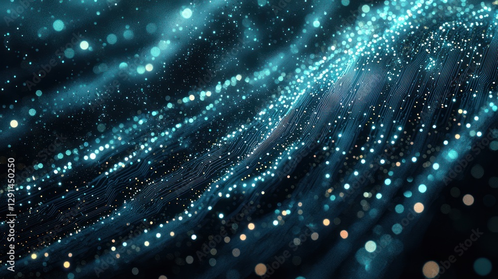 Abstract digital particles swirling in dark teal and gold Abstract digital particles swirling in dark teal and gold