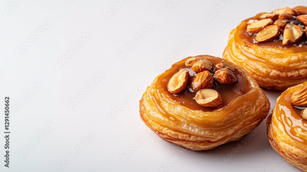 Golden pastries adorned with nuts, showcasing delightful texture Golden pastries adorned with nuts, showcasing delightful texture