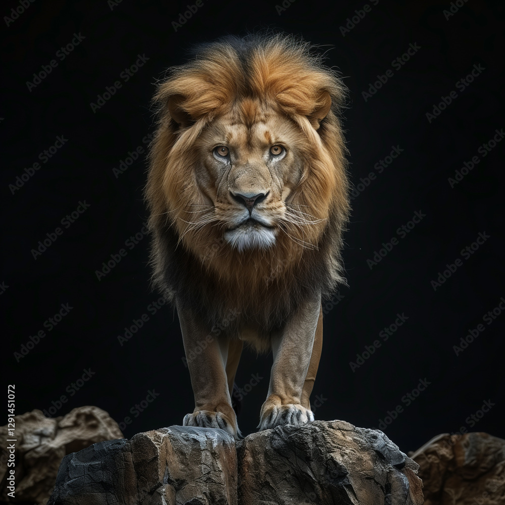 Obraz premium A majestic lion silhouette against the BLACK backdrop, LION KING, POWERFUL AND SAVIOR.