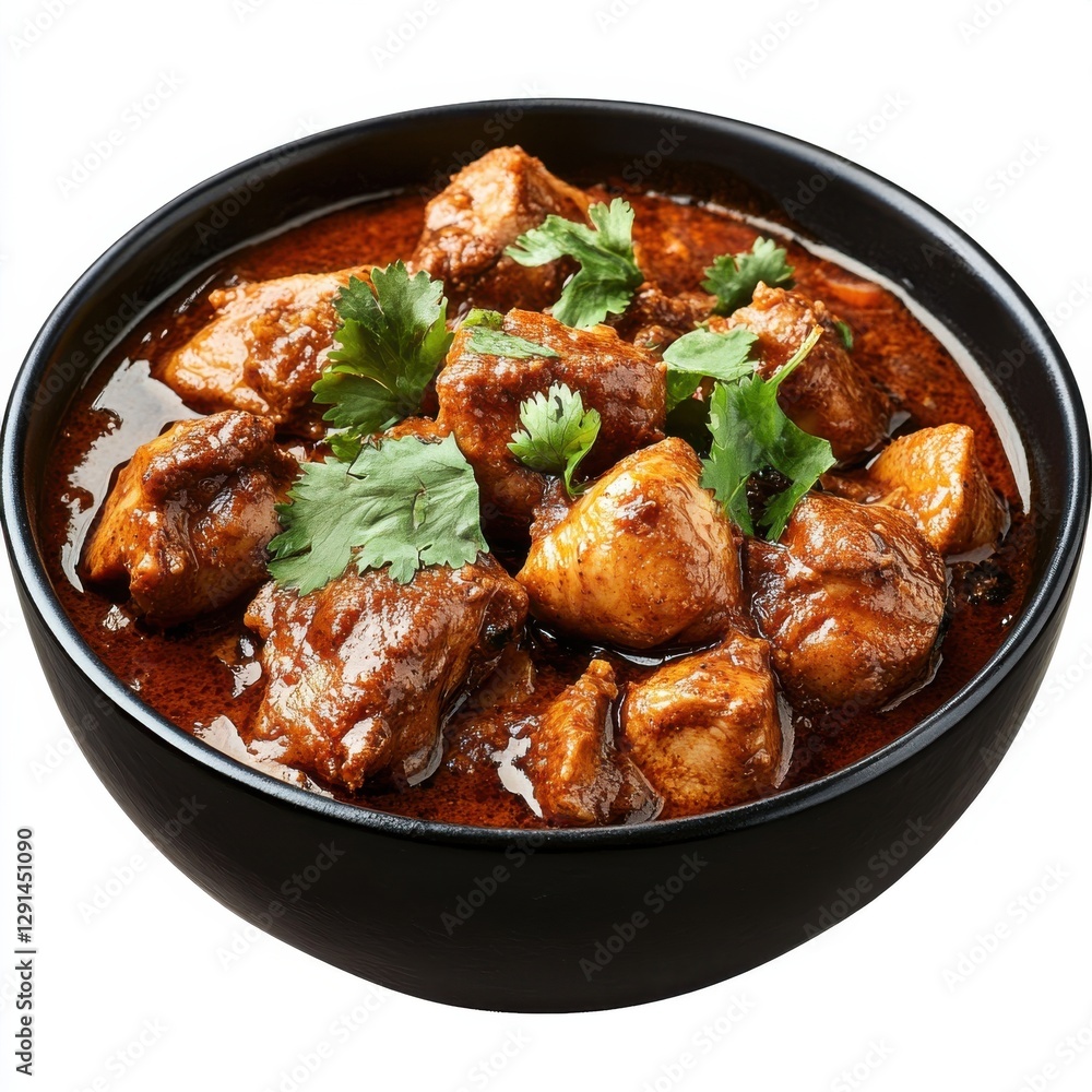 Dark Chicken Curry in Black Bowl with Small Pieces White Background Dark Chicken Curry in Black Bowl with Small Pieces White Background