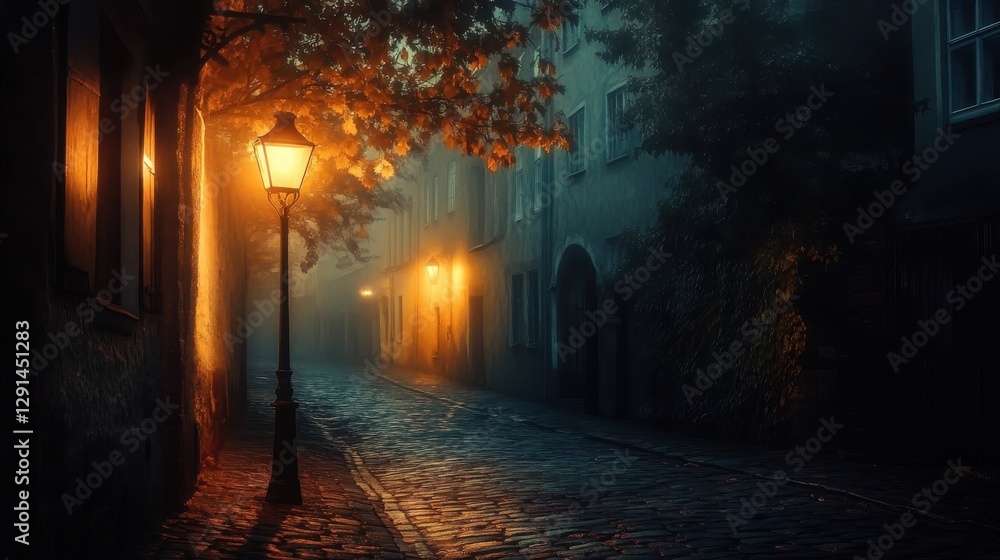 An illuminated streetlight casting a light on a cobblestone alley An illuminated streetlight casting a light on a cobblestone alley