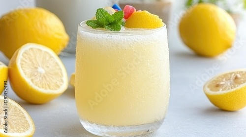 Refreshing Lemon Smoothie in Glass, Fresh Lemons Around. Possible use Stock photo for drinks, healthy lifestyle, or recipes photo