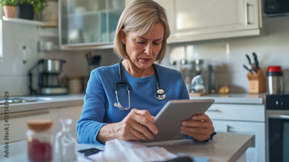 Hypertension patient reading health tips on a tablet at home. Featuring education and wellness Hypertension patient reading health tips on a tablet at home. Featuring education and wellness