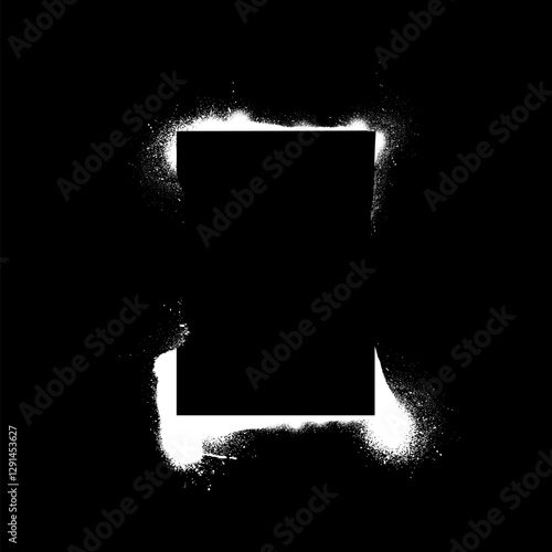 Grunge stencil frame with graffiti spray painted border with ink splatters, dripping, vector white spray paint rectangle