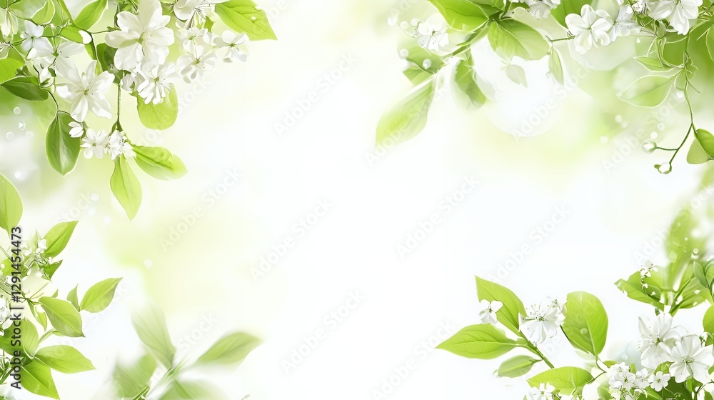 White Flowers and Green Leaves Spring Background White Flowers and Green Leaves Spring Background