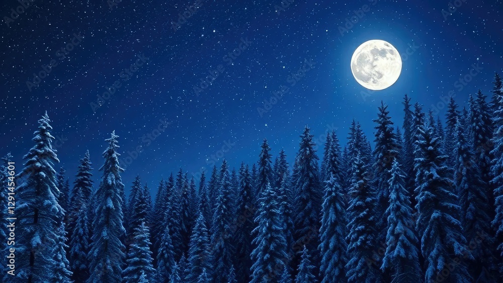 Naklejka premium A serene forest with snowflakes falling gently under a vast starry sky and full moon, forest, moonlight, winter