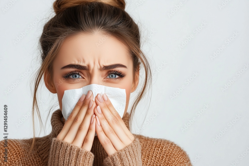 A sick woman sneezing into a tissue, Representing flu, seasonal allergies and the importance of healthcare A sick woman sneezing into a tissue, Representing flu, seasonal allergies and the importance of healthcare
