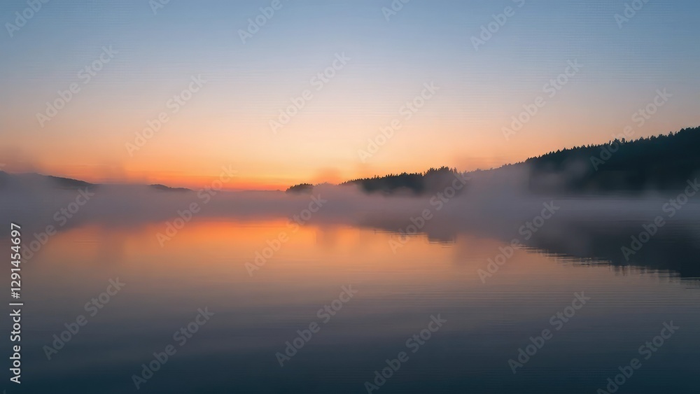 Fototapeta premium A serene lake at dusk with mist rising from water surface, dusk, pure