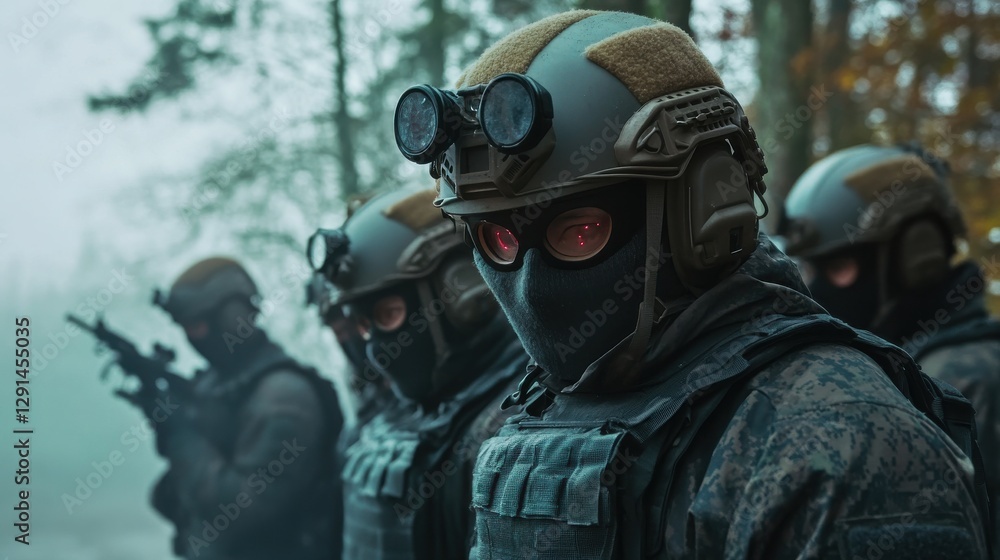Group of armed soldiers wearing tactical gear and night vision goggles in foggy forest Group of armed soldiers wearing tactical gear and night vision goggles in foggy forest
