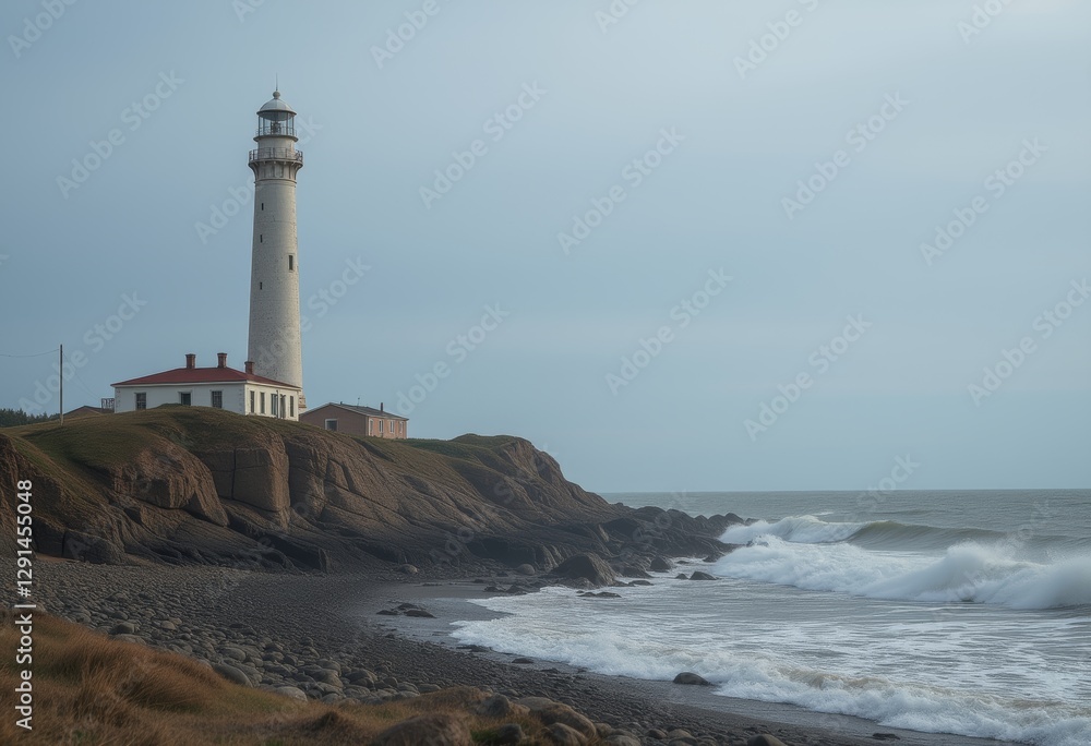 Lighthouse on Cliff with Ocean Waves Crashing Against the Rocks in Overcast Sky Lighthouse on Cliff with Ocean Waves Crashing Against the Rocks in Overcast Sky